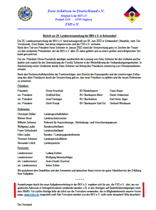 Bericht zur 24. Landesversammlung der BKV e.V. in Schwandorf
